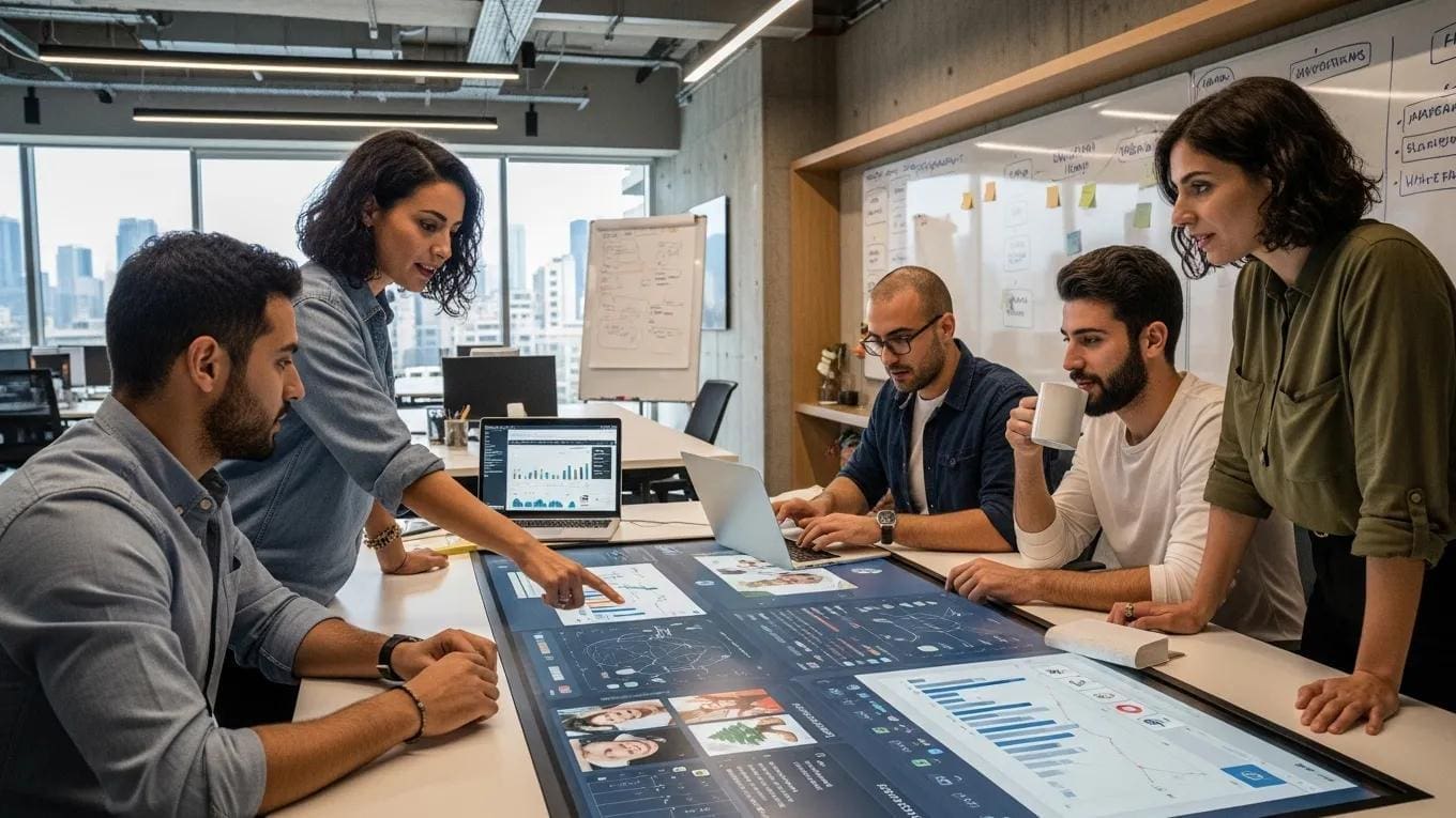 Lebanese professionals collaborating on digital marketing strategies in a modern workspace