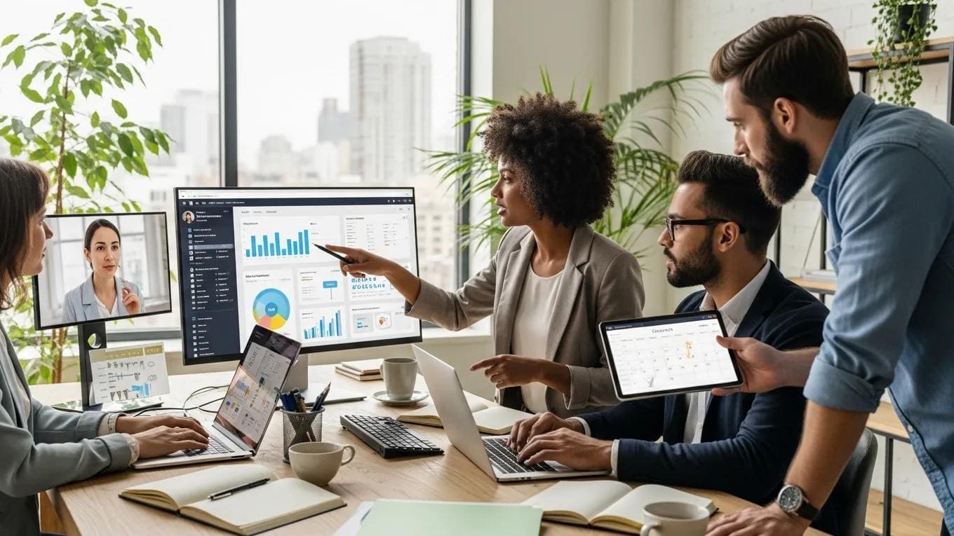 Professionals collaborating on online reputation management strategies in a modern office