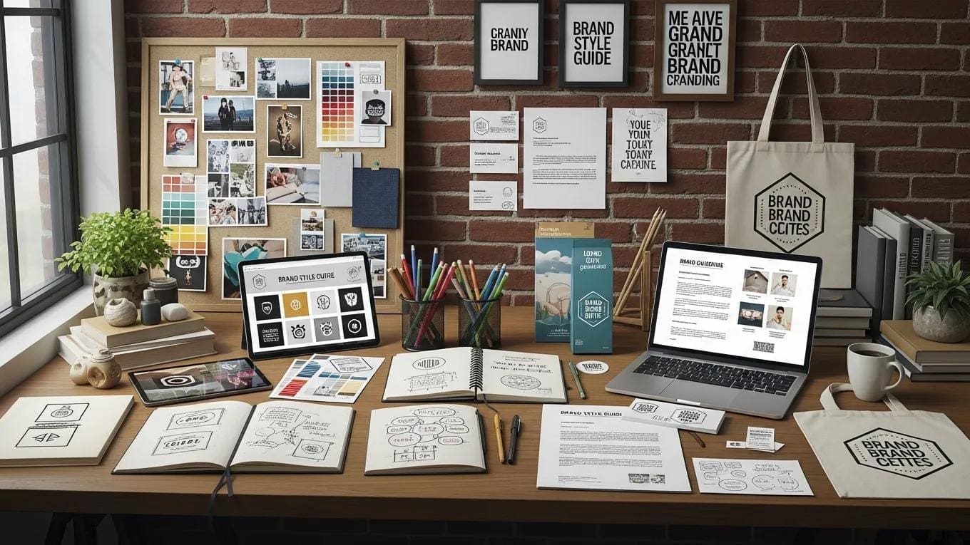 Creative workspace with branding materials illustrating the development of brand identity