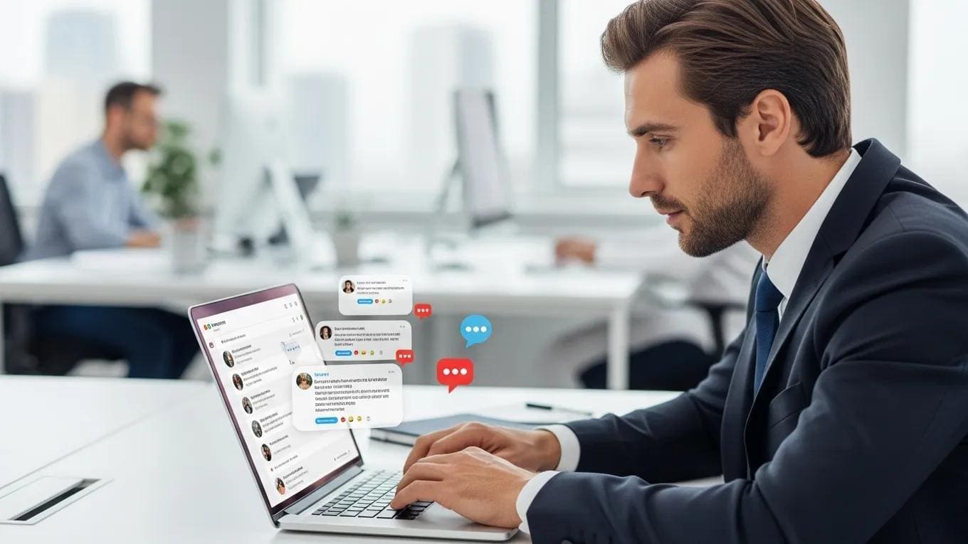 Business professional managing brand reputation by engaging with customers online