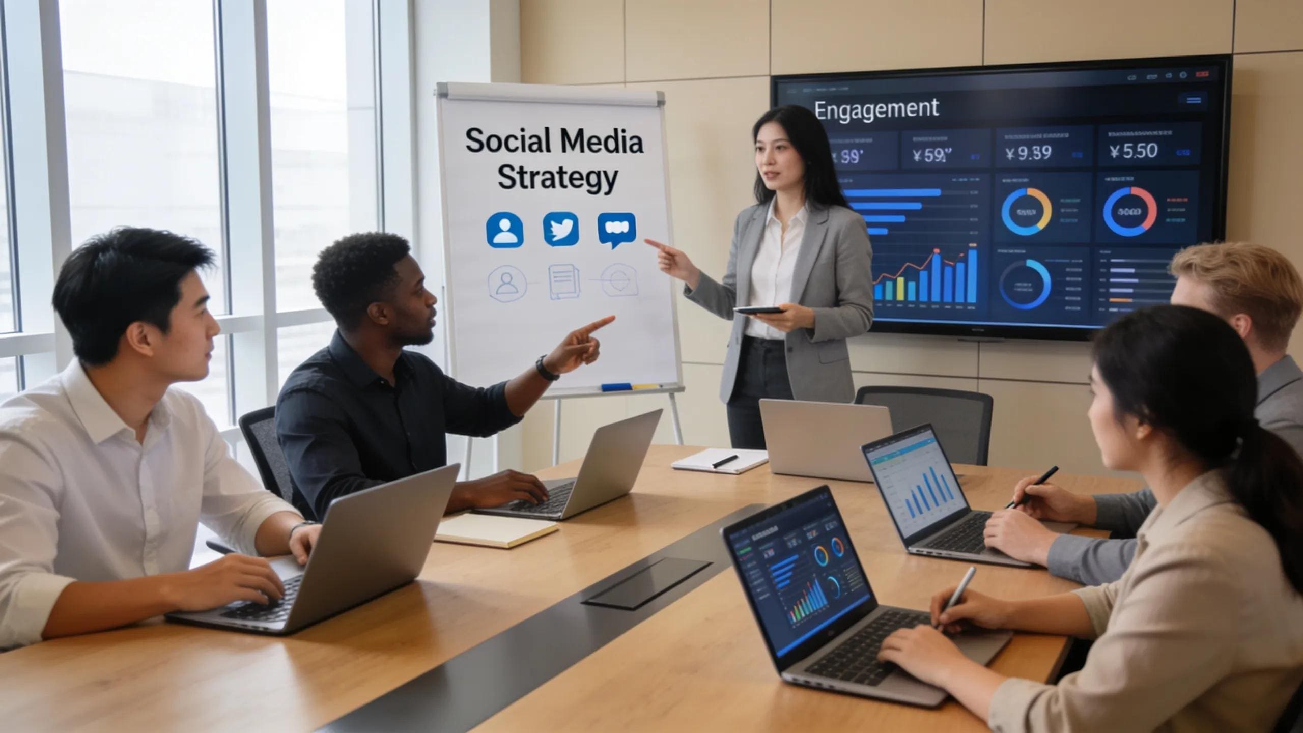 Diverse professionals collaborating on social media management strategies in a modern workspace