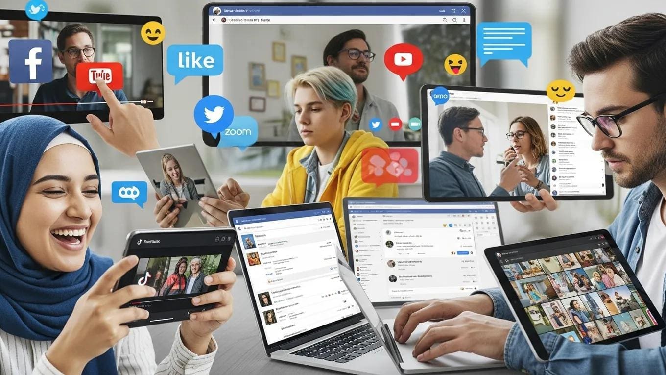 Dynamic scene of people engaging with social media platforms, emphasizing interaction and diversity