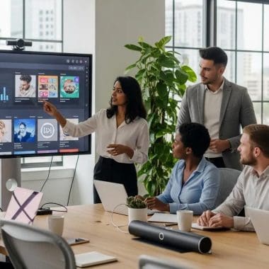 Diverse group of professionals engaged in social media advertising strategies in a modern office