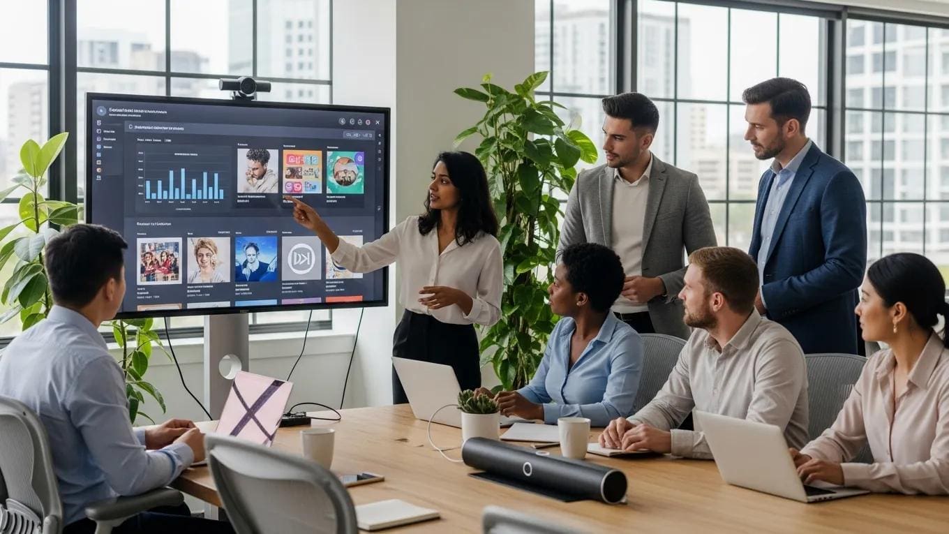 Diverse group of professionals engaged in social media advertising strategies in a modern office
