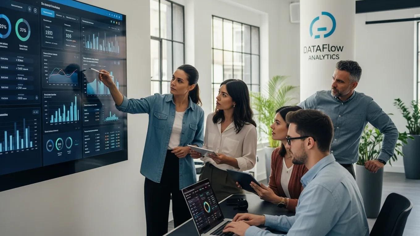 Team analyzing social media performance metrics in a modern office setting