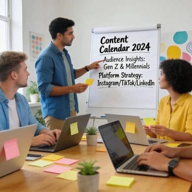 Professionals collaborating on social media content strategy in a bright, engaging workspace
