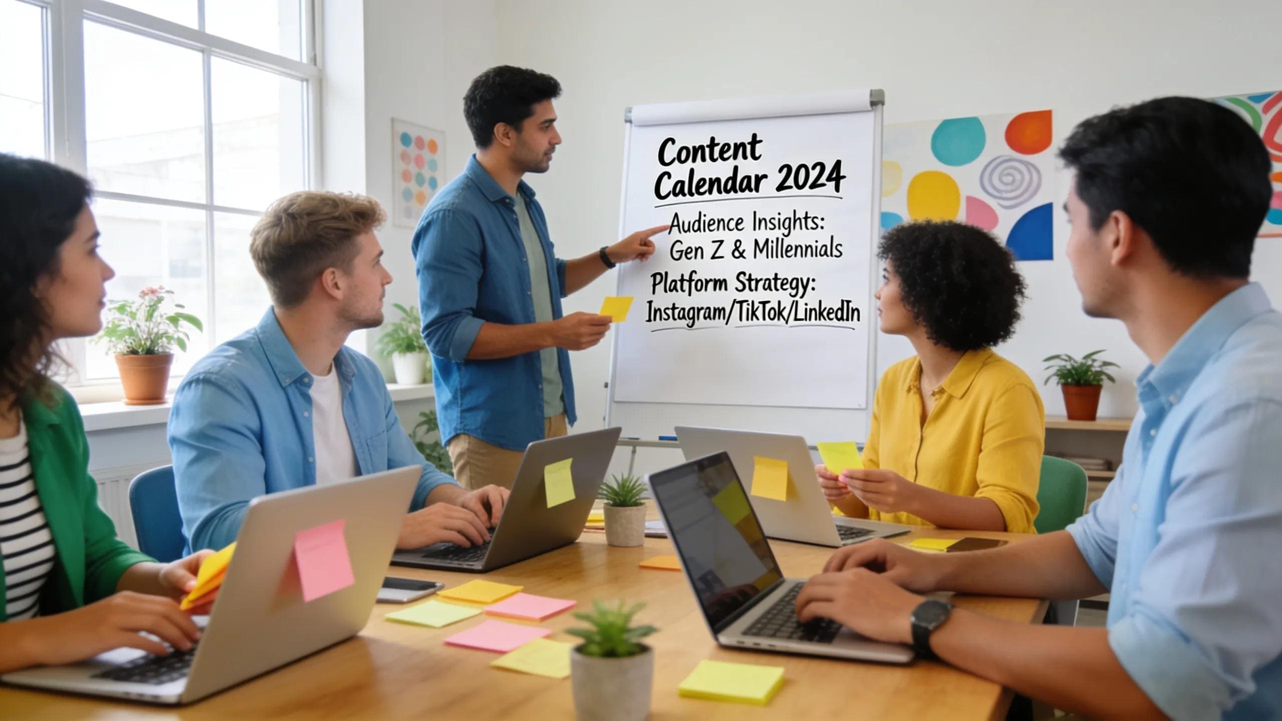 Professionals collaborating on social media content strategy in a bright, engaging workspace