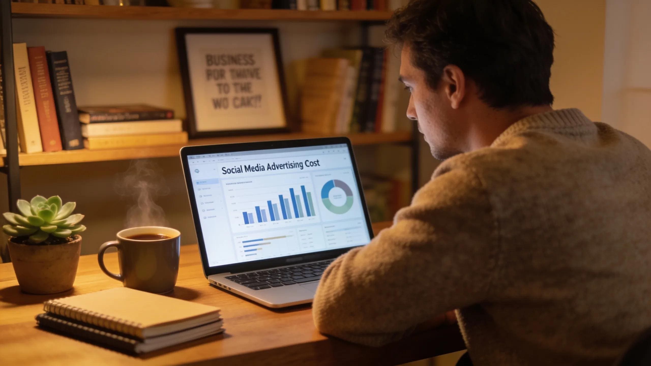 Business owner reviewing social media advertising costs on a laptop at a cozy workspace