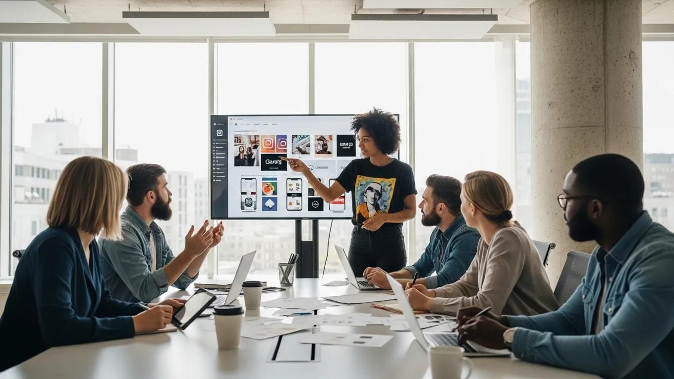 A diverse group working together on social media branding strategies in a modern office environment